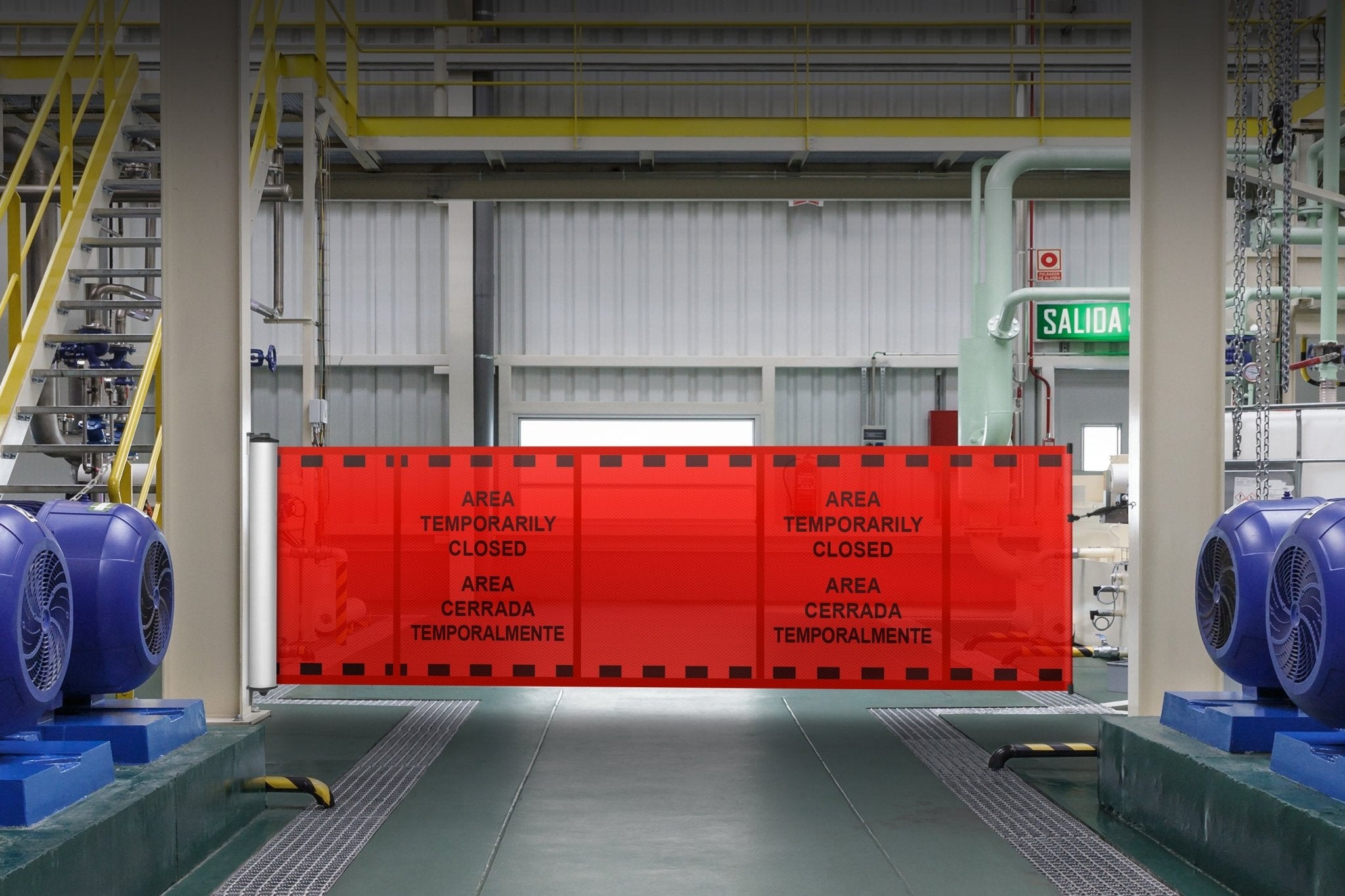 Bilingual Area Temporarily Closed Mounted Barrier - Crowd Control Warehouse