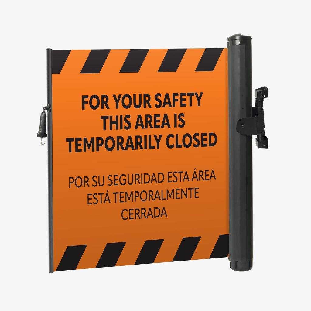 Bilingual Area Temporarily Closed Wall Mounted Retractable Safety Barrier - Crowd Control Warehouse
