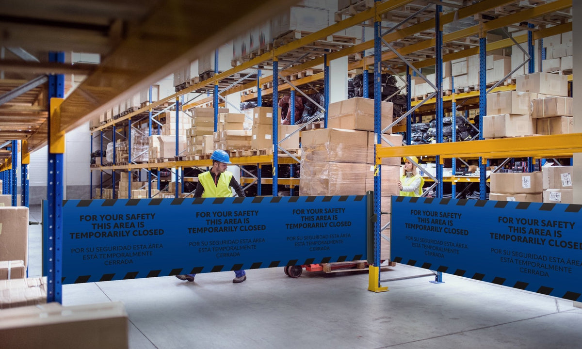 Bilingual Area Temporarily Closed Wall Mounted Retractable Safety Barrier - Crowd Control Warehouse