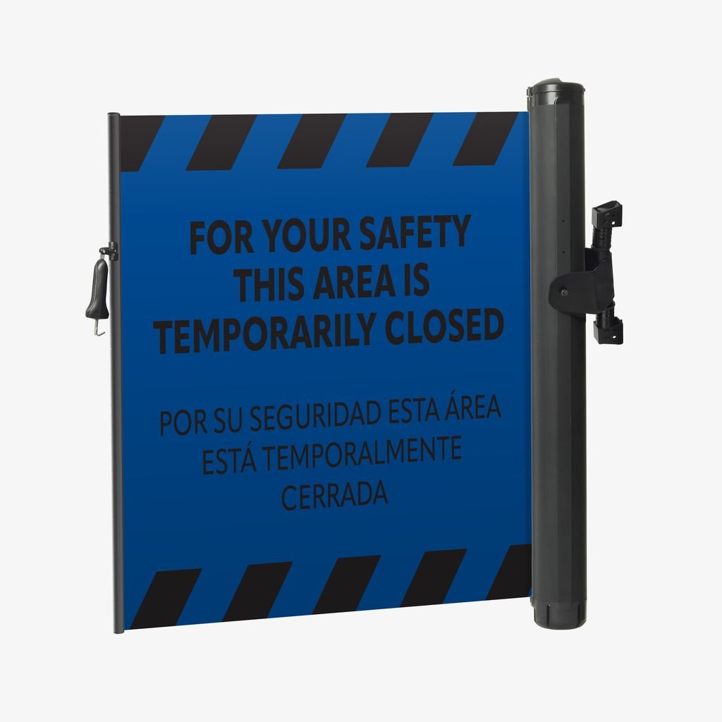 Bilingual Area Temporarily Closed Wall Mounted Retractable Safety Barrier - Crowd Control Warehouse