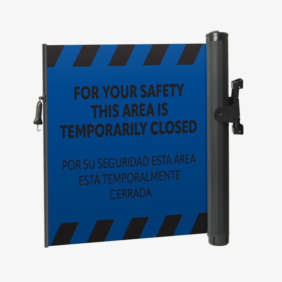 Bilingual Area Temporarily Closed Wall Mounted Retractable Safety Barrier - Crowd Control Warehouse