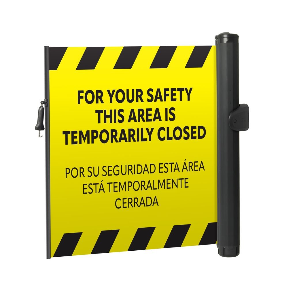 Bilingual Area Temporarily Closed Wall Mounted Retractable Safety Barrier - Crowd Control Warehouse
