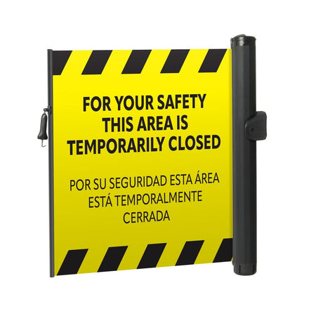 Bilingual Area Temporarily Closed Wall Mounted Retractable Safety Barrier - Crowd Control Warehouse