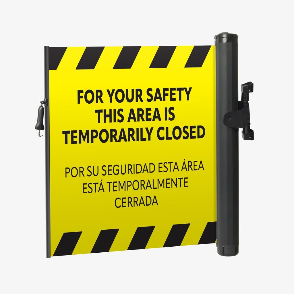 Bilingual Area Temporarily Closed Wall Mounted Retractable Safety Barrier - Crowd Control Warehouse