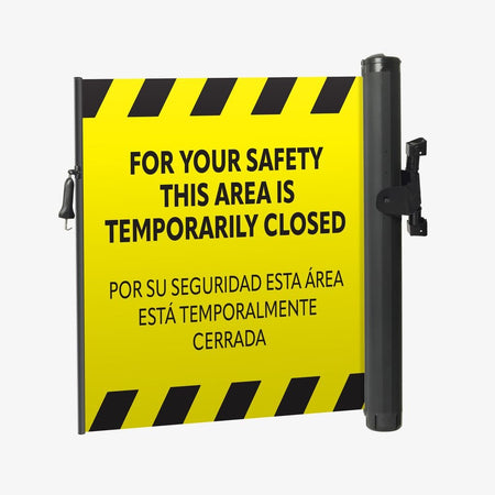Bilingual Area Temporarily Closed Wall Mounted Retractable Safety Barrier - Crowd Control Warehouse