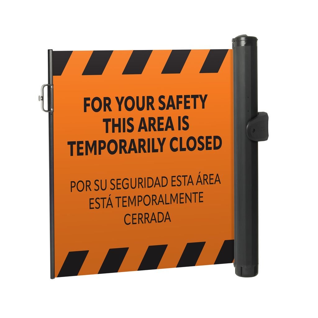Bilingual Area Temporarily Closed Wall Mounted Retractable Safety Barrier - Crowd Control Warehouse