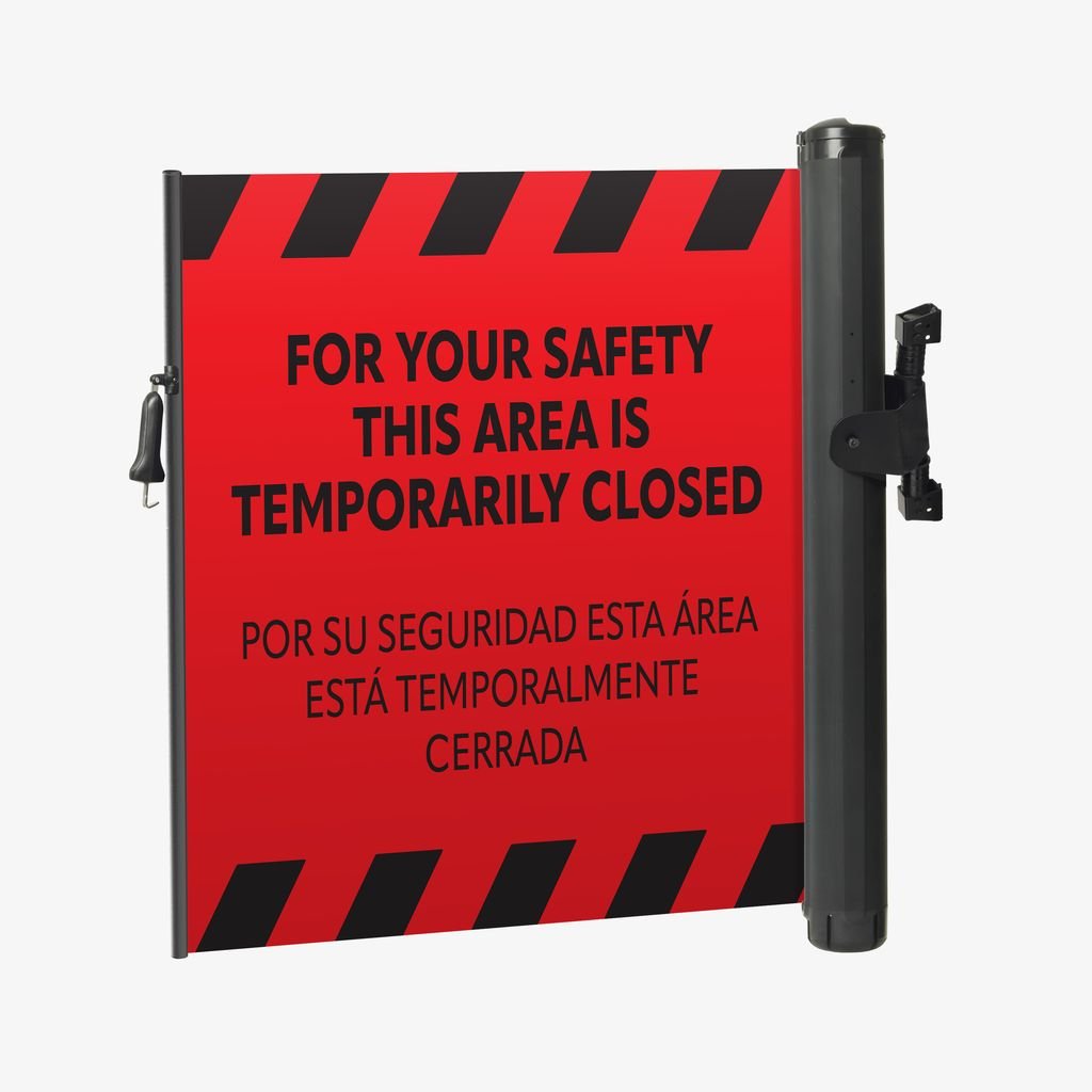 Bilingual Area Temporarily Closed Wall Mounted Retractable Safety Barrier - Crowd Control Warehouse