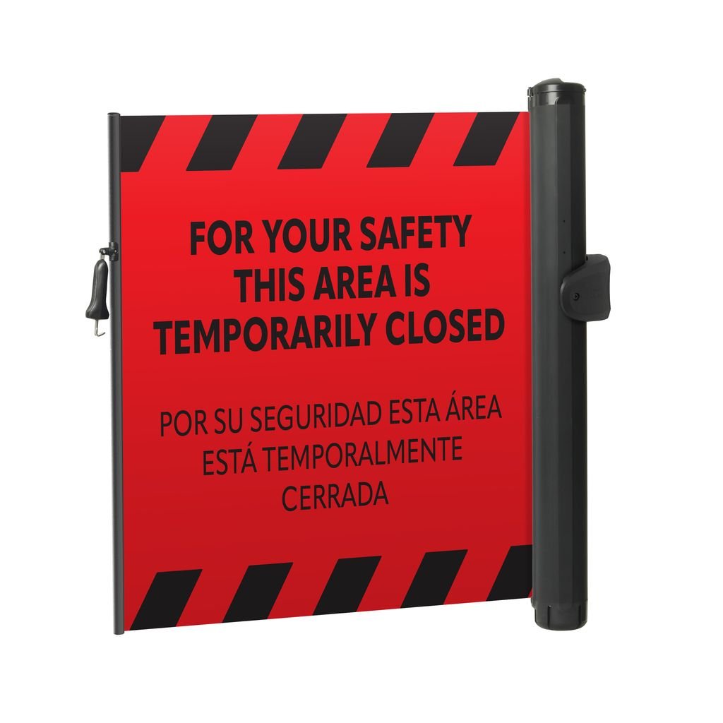 Bilingual Area Temporarily Closed Wall Mounted Retractable Safety Barrier - Crowd Control Warehouse