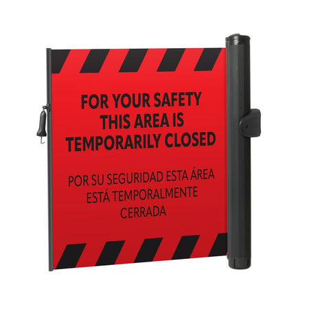 Bilingual Area Temporarily Closed Wall Mounted Retractable Safety Barrier - Crowd Control Warehouse