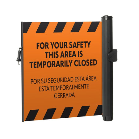 Bilingual Area Temporarily Closed Wall Mounted Retractable Safety Barrier - Crowd Control Warehouse