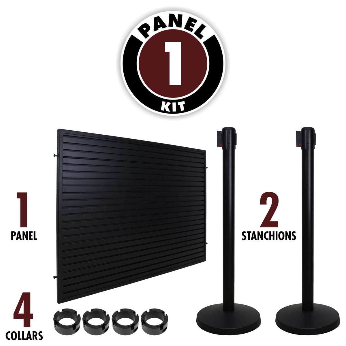 Black Aluminum Slatwall Merchandising Starter Kit - Panel, Stanchions & Collars - Crowd Control Warehouse