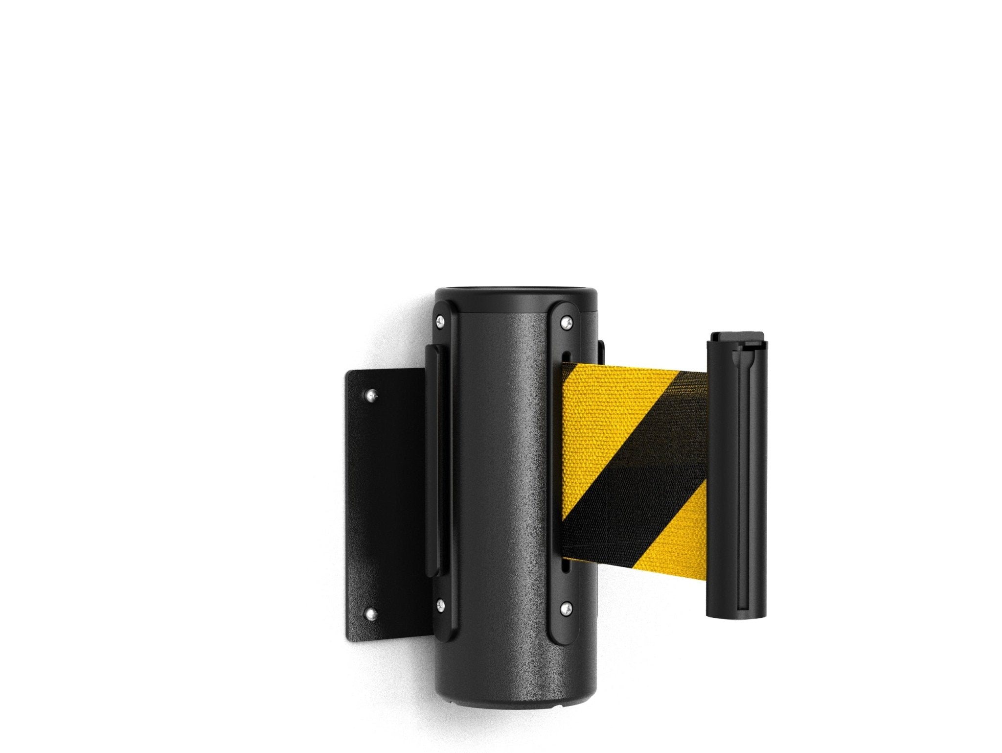 Fixed Wall Mount Retractable Belt Barrier with Fixed Belt End, Black Steel Case, 14 ft or 16 ft Belt - Montour Line WM215 - Crowd Control Warehouse