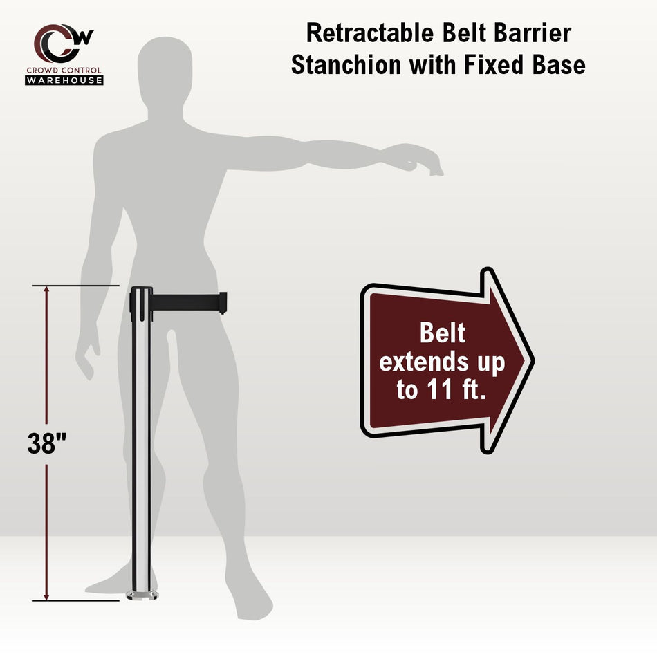 Retractable Belt Barrier Stanchion, Fixed Base, Polished Stainless Steel Post, 11 Ft. Belt - Montour Line MX630F - Crowd Control Warehouse