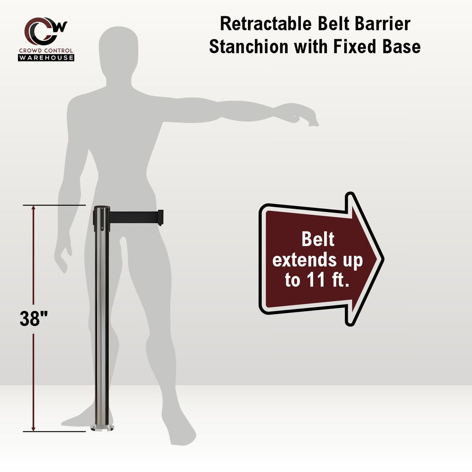Retractable Belt Barrier Stanchion, Fixed Base, Satin Stainless Steel Post, 11 Ft. Belt - Montour Line MX630F - Crowd Control Warehouse