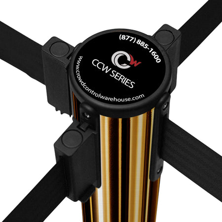 Retractable Belt Barrier Stanchion, Mini Socket Base, Satin Brass Post, 7.5 - 13 Ft. Belt - Montour Line MX630SK - Crowd Control Warehouse