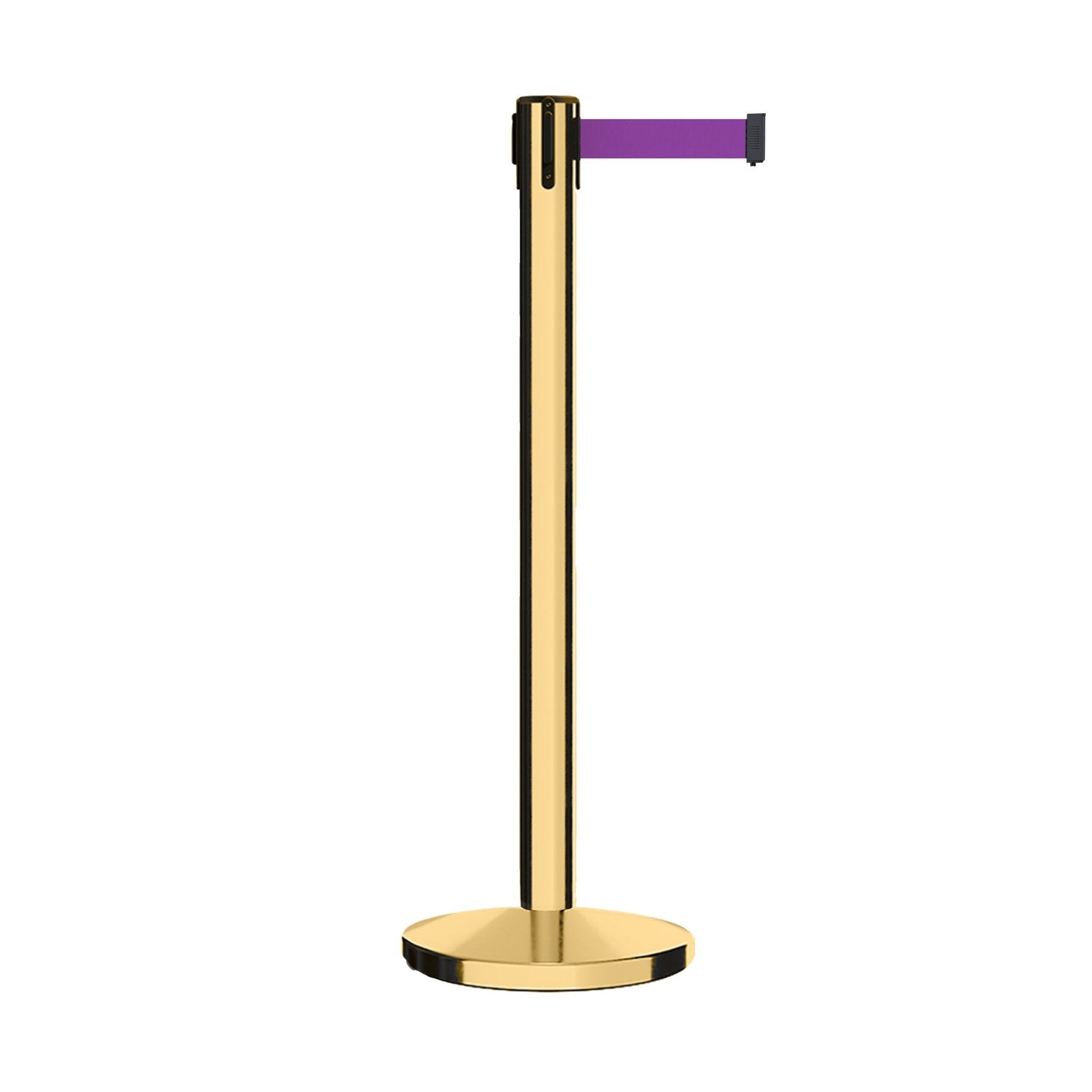 Retractable Belt Barrier Stanchion, Polished Brass Post, Cast Iron Base, 7.5 - 13 Ft. Belt - Montour Line MI630 - Crowd Control Warehouse