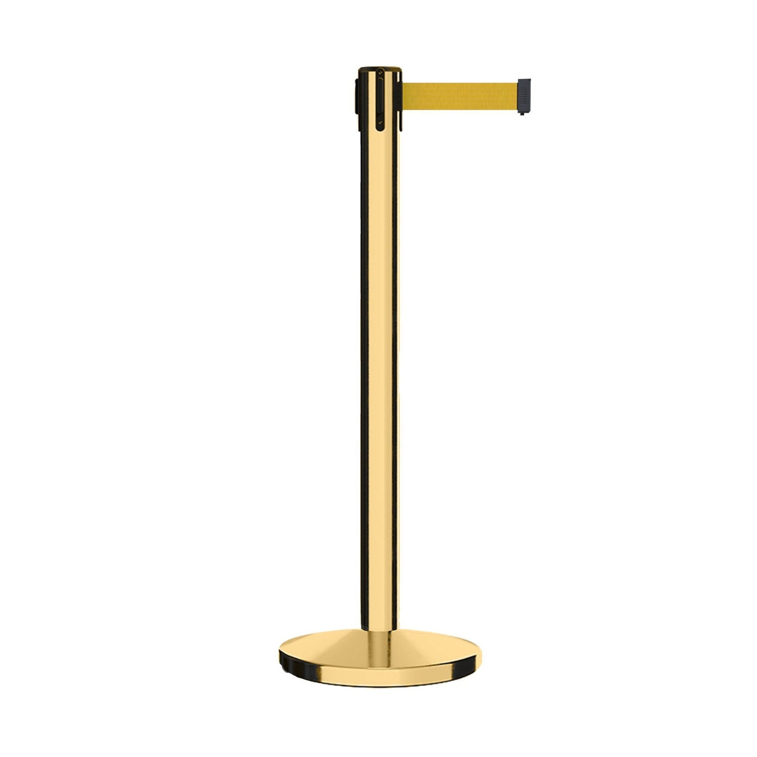 Retractable Belt Barrier Stanchion, Polished Brass Post, Cast Iron Base, 7.5 - 13 Ft. Belt - Montour Line MI630 - Crowd Control Warehouse