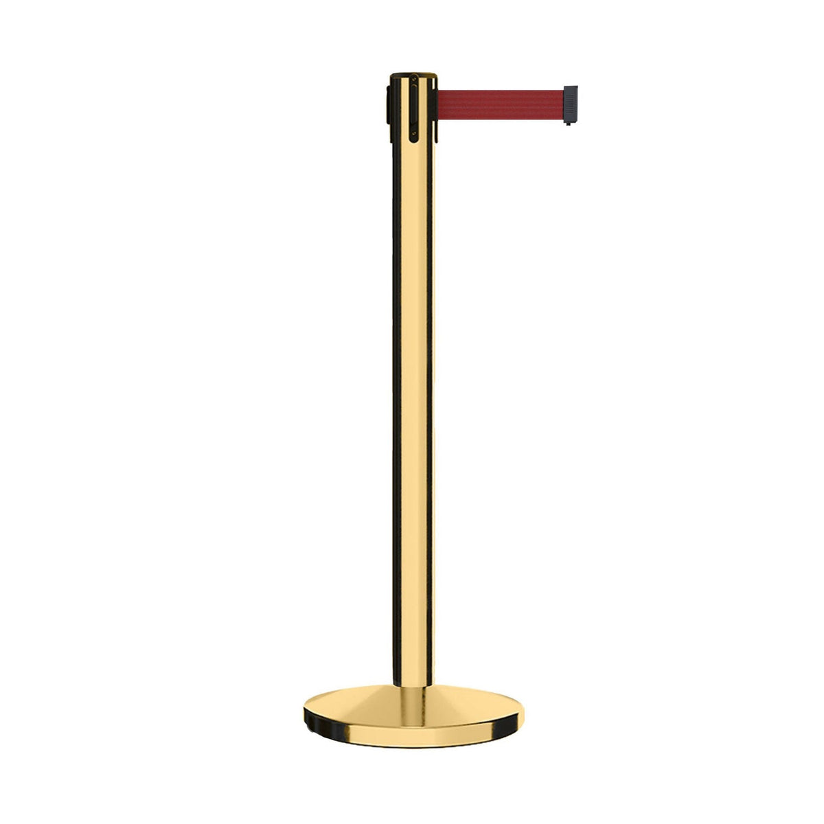 Retractable Belt Barrier Stanchion, Polished Brass Post, Cast Iron Base, 7.5 - 13 Ft. Belt - Montour Line MI630 - Crowd Control Warehouse