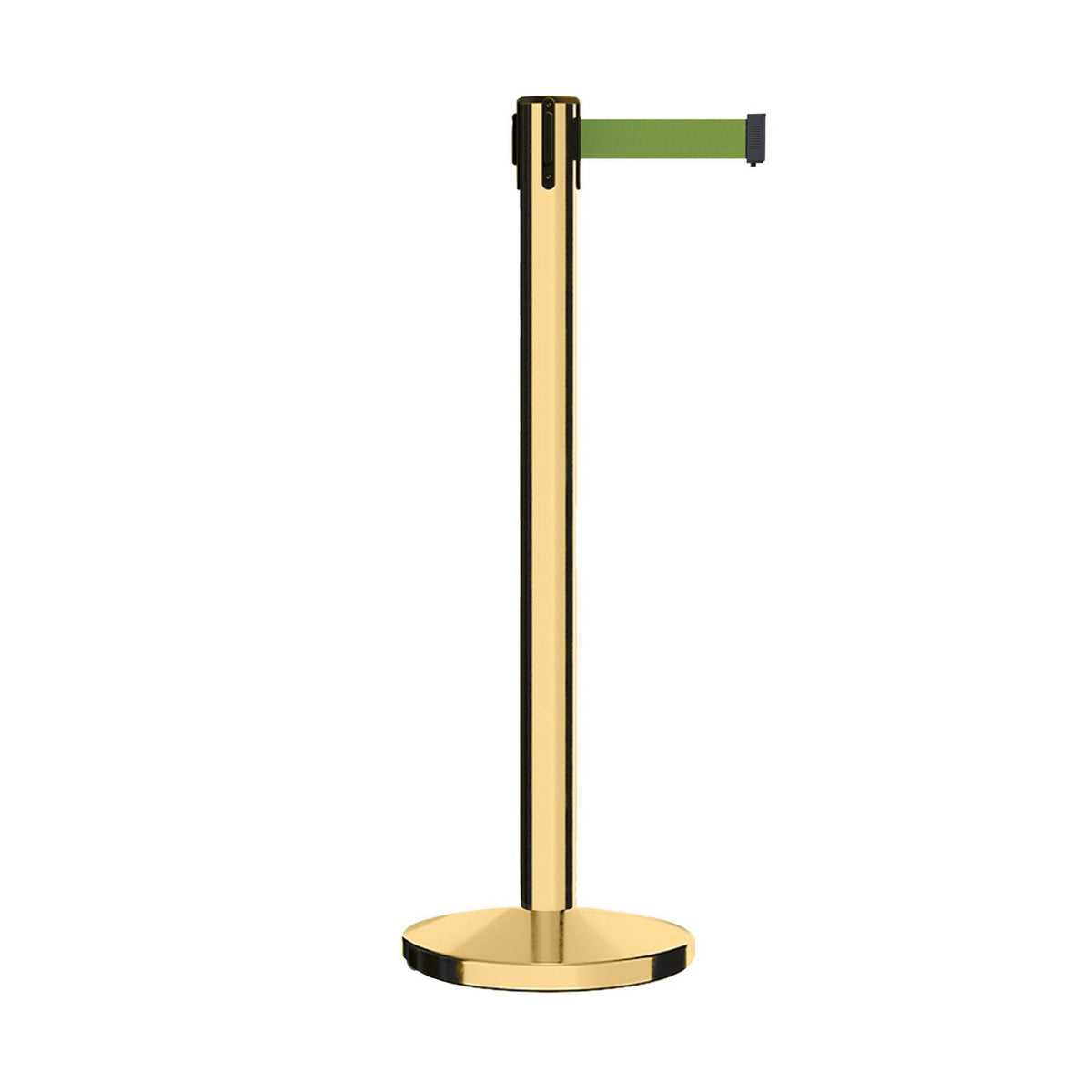 Retractable Belt Barrier Stanchion, Polished Brass Post, Cast Iron Base, 7.5 - 13 Ft. Belt - Montour Line MI630 - Crowd Control Warehouse