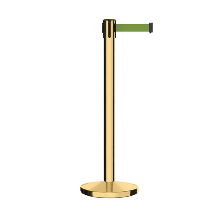 Retractable Belt Barrier Stanchion, Polished Brass Post, Cast Iron Base, 7.5 - 13 Ft. Belt - Montour Line MI630 - Crowd Control Warehouse