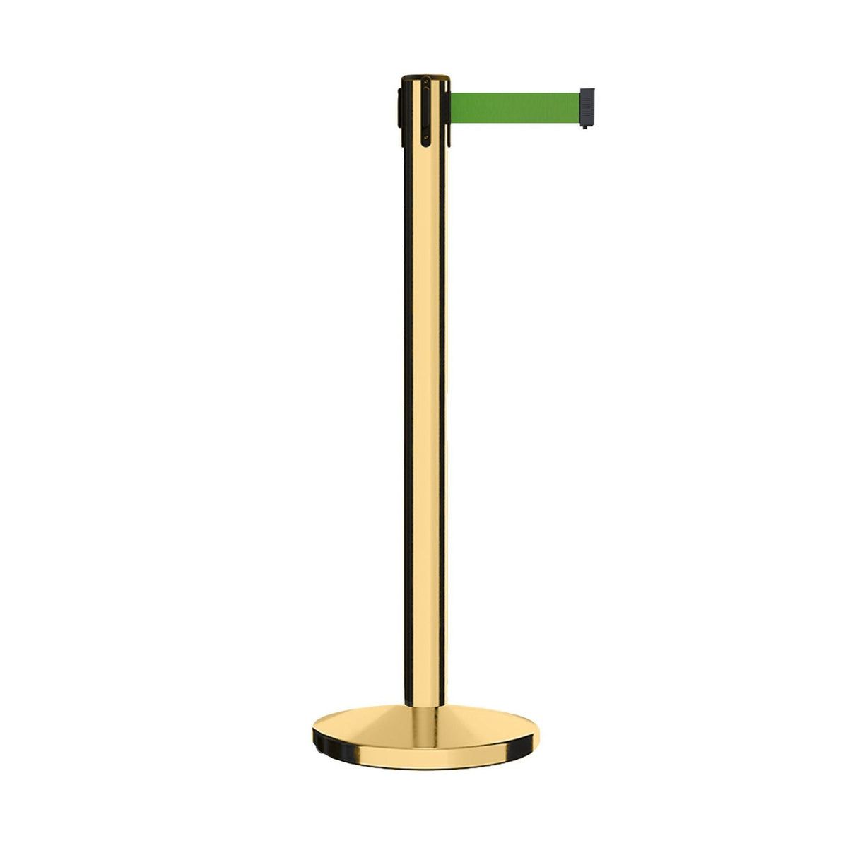Retractable Belt Barrier Stanchion, Polished Brass Post, Cast Iron Base, 7.5 - 13 Ft. Belt - Montour Line MI630 - Crowd Control Warehouse