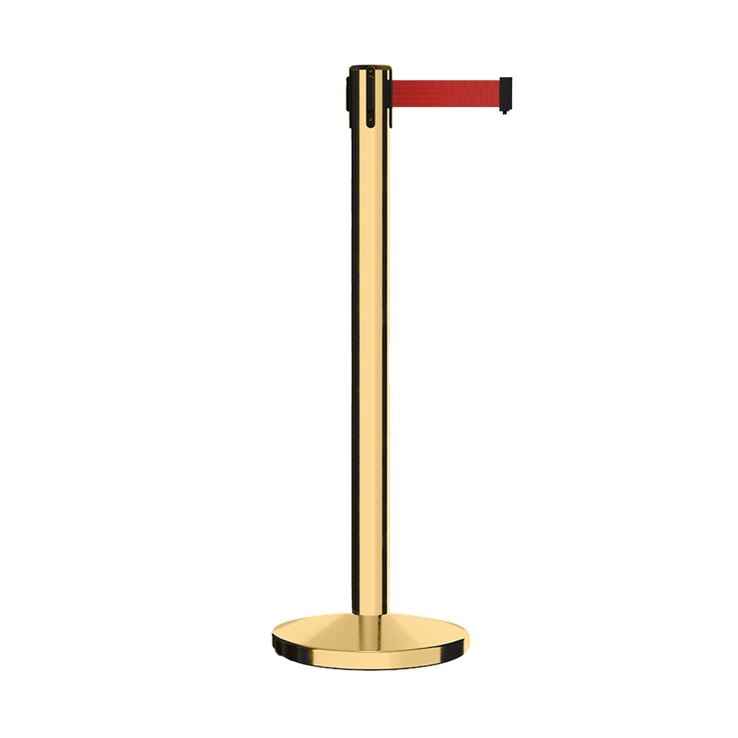 Retractable Belt Barrier Stanchion, Polished Brass Post, Cast Iron Base, 7.5 - 13 Ft. Belt - Montour Line MI630 - Crowd Control Warehouse