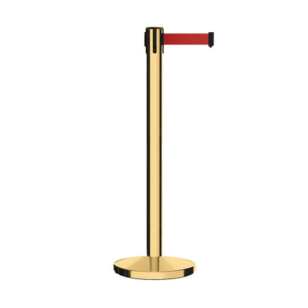 Retractable Belt Barrier Stanchion, Polished Brass Post, Cast Iron Base, 7.5 - 13 Ft. Belt - Montour Line MI630 - Crowd Control Warehouse