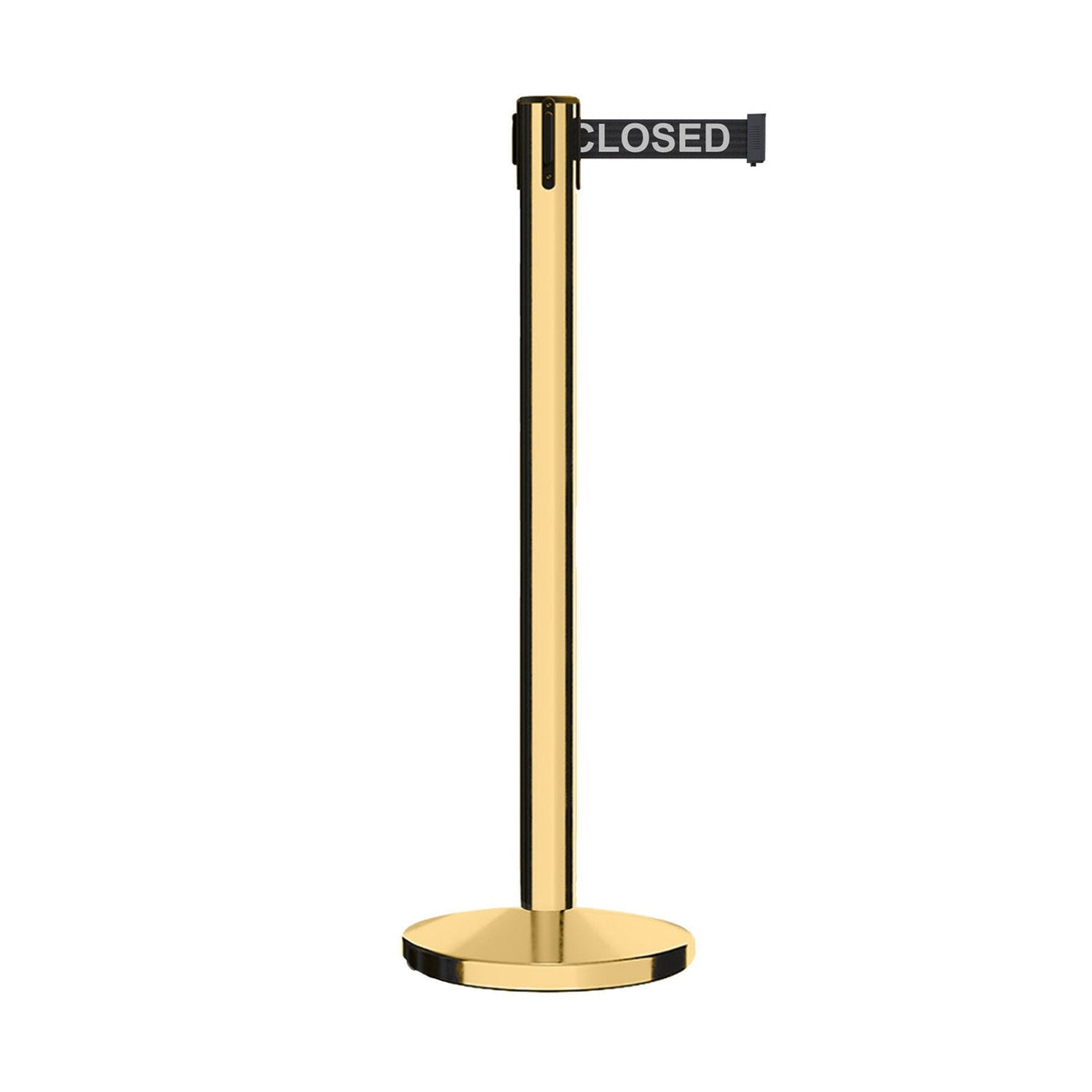 Retractable Belt Barrier Stanchion, Polished Brass Post, Cast Iron Base, 7.5 - 13 Ft. Belt - Montour Line MI630 - Crowd Control Warehouse