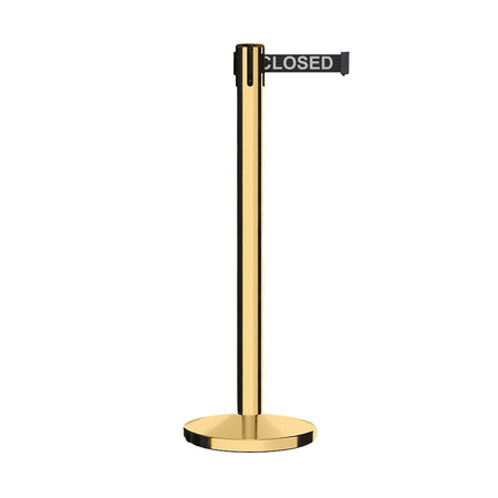 Retractable Belt Barrier Stanchion, Polished Brass Post, Cast Iron Base, 7.5 - 13 Ft. Belt - Montour Line MI630 - Crowd Control Warehouse