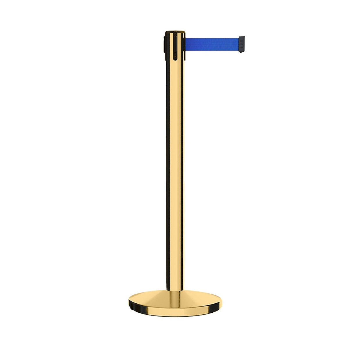 Retractable Belt Barrier Stanchion, Polished Brass Post, Cast Iron Base, 7.5 - 13 Ft. Belt - Montour Line MI630 - Crowd Control Warehouse