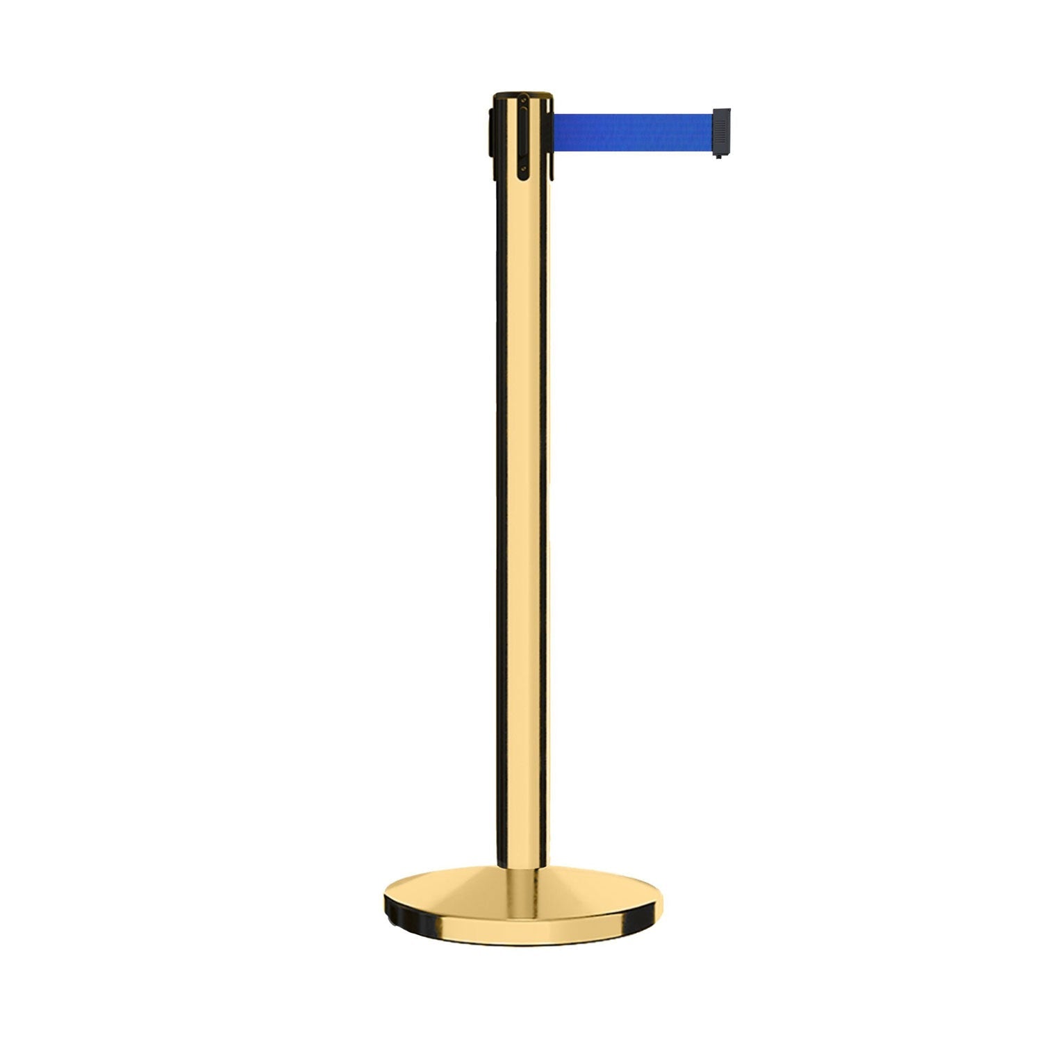 Retractable Belt Barrier Stanchion, Polished Brass Post, Cast Iron Base, 7.5 - 13 Ft. Belt - Montour Line MI630 - Crowd Control Warehouse