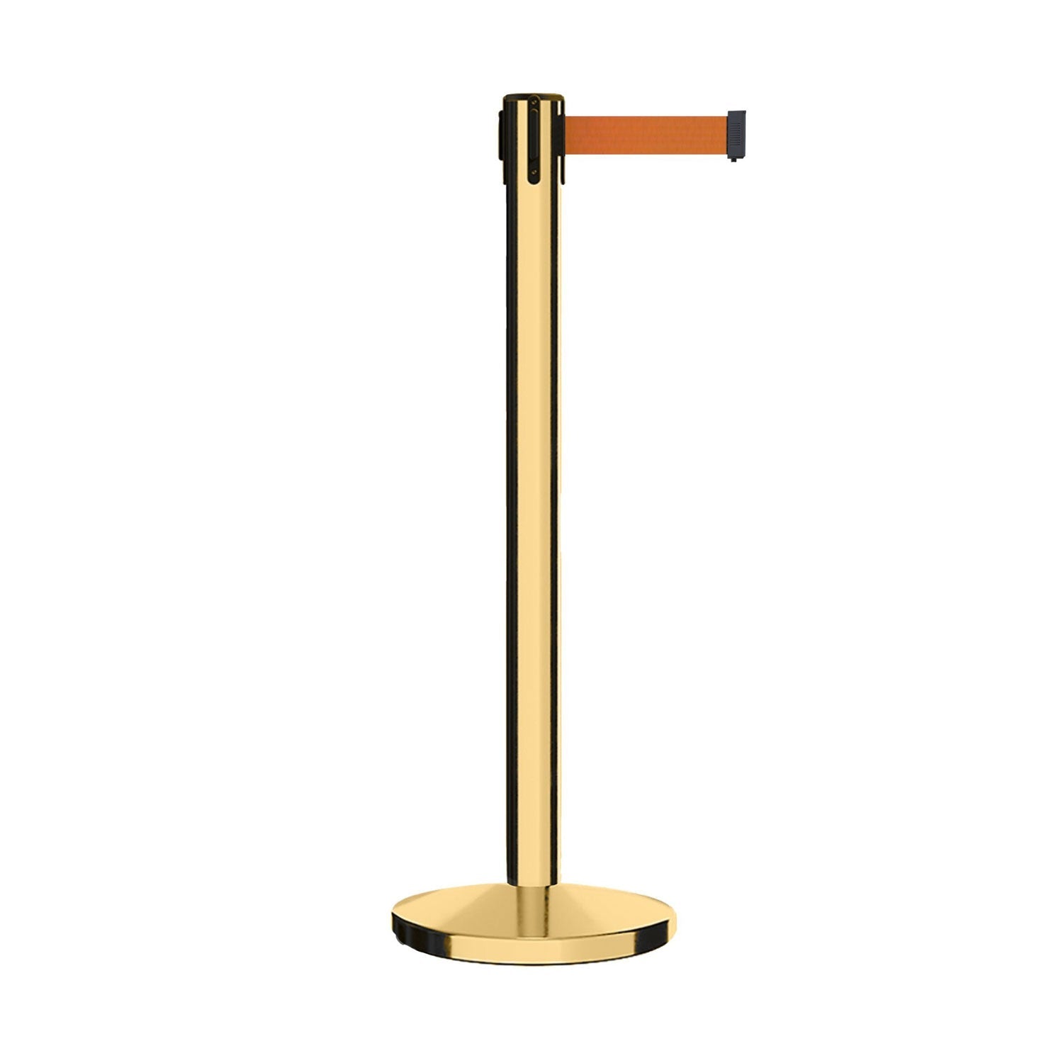 Retractable Belt Barrier Stanchion, Polished Brass Post, Cast Iron Base, 7.5 - 13 Ft. Belt - Montour Line MI630 - Crowd Control Warehouse