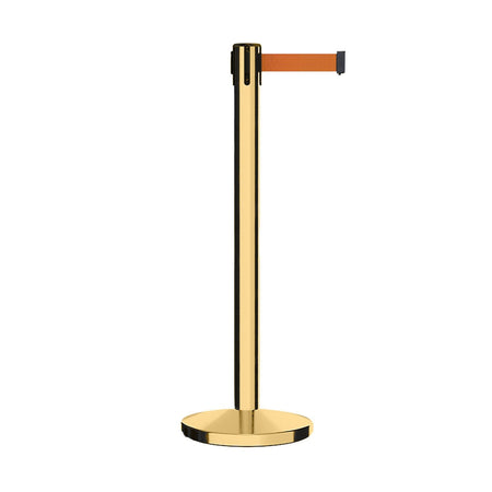 Retractable Belt Barrier Stanchion, Polished Brass Post, Cast Iron Base, 7.5 - 13 Ft. Belt - Montour Line MI630 - Crowd Control Warehouse