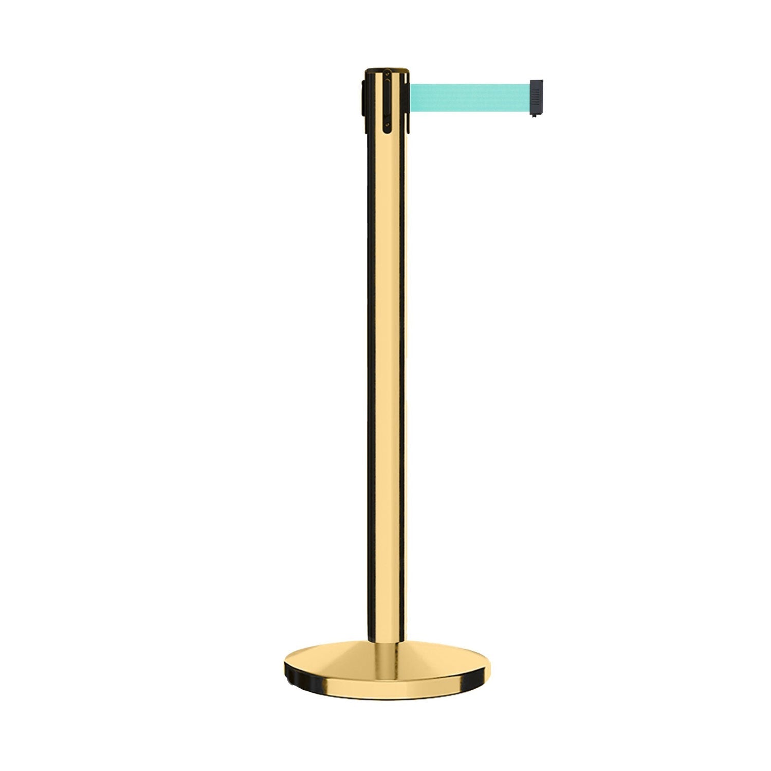 Retractable Belt Barrier Stanchion, Polished Brass Post, Cast Iron Base, 7.5 - 13 Ft. Belt - Montour Line MI630 - Crowd Control Warehouse