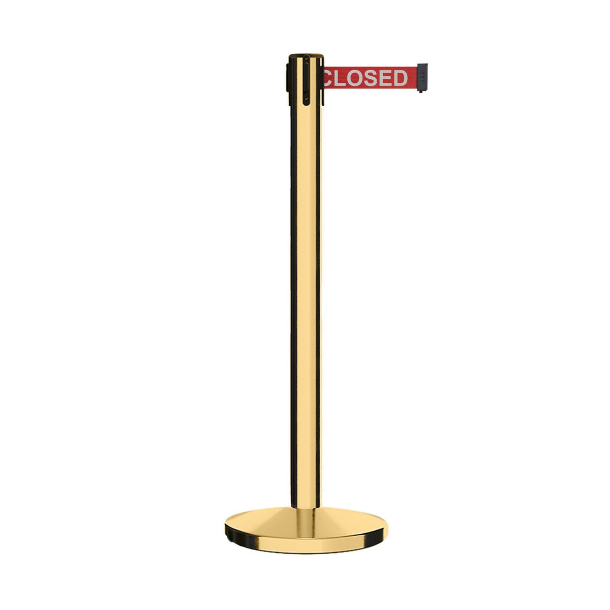 Retractable Belt Barrier Stanchion, Polished Brass Post, Cast Iron Base, 7.5 - 13 Ft. Belt - Montour Line MI630 - Crowd Control Warehouse