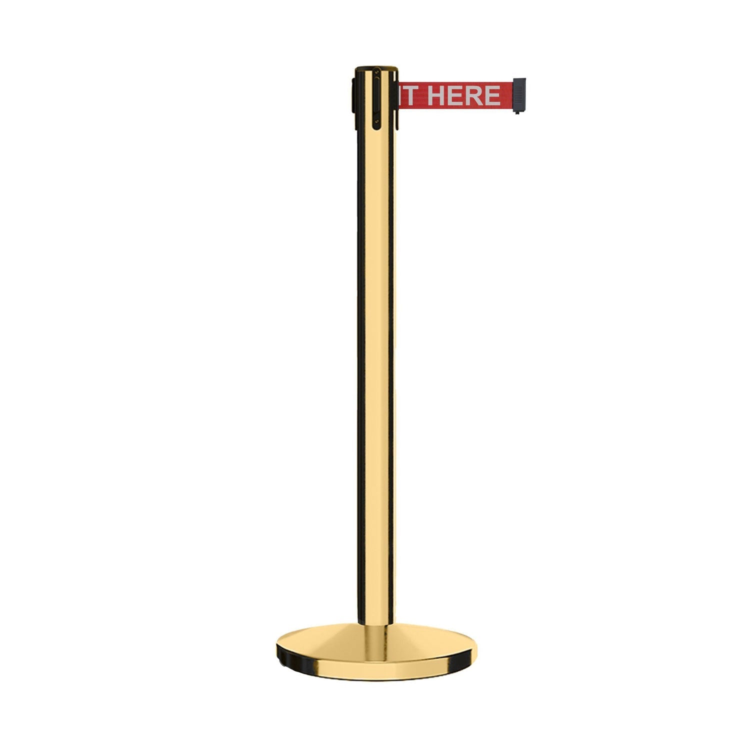 Retractable Belt Barrier Stanchion, Polished Brass Post, Cast Iron Base, 7.5 - 13 Ft. Belt - Montour Line MI630 - Crowd Control Warehouse