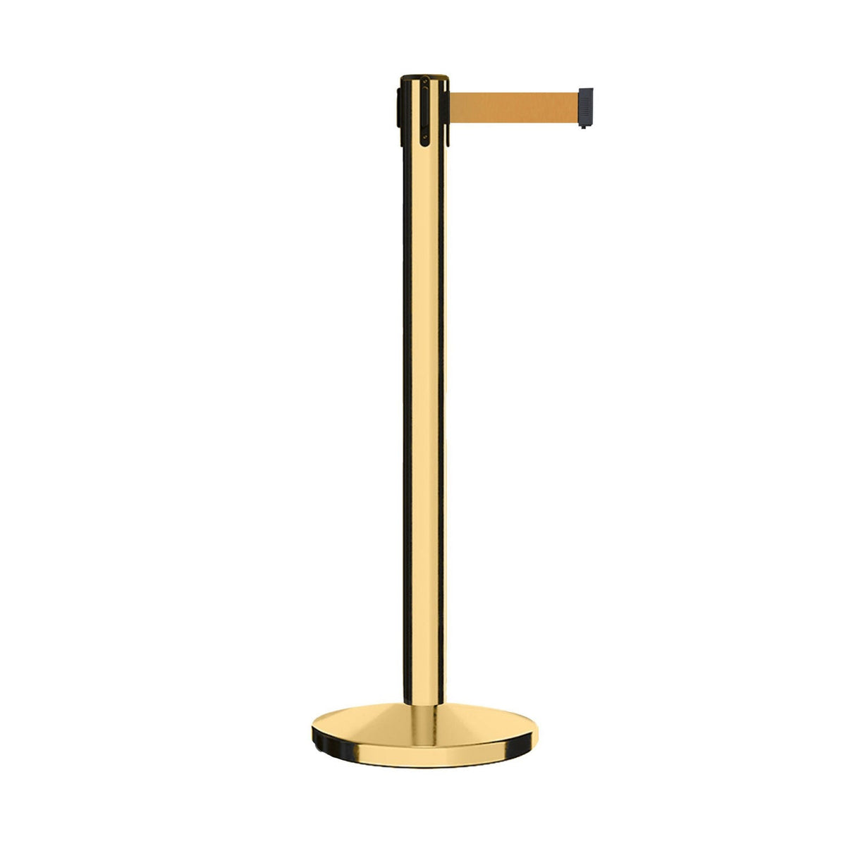 Retractable Belt Barrier Stanchion, Polished Brass Post, Cast Iron Base, 7.5 - 13 Ft. Belt - Montour Line MI630 - Crowd Control Warehouse