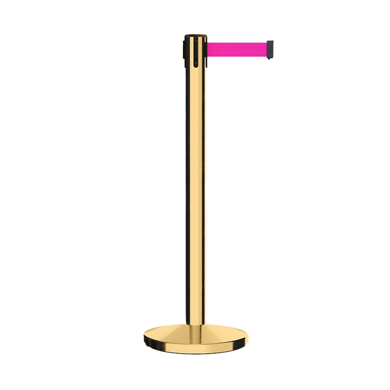 Retractable Belt Barrier Stanchion, Polished Brass Post, Cast Iron Base, 7.5 - 13 Ft. Belt - Montour Line MI630 - Crowd Control Warehouse