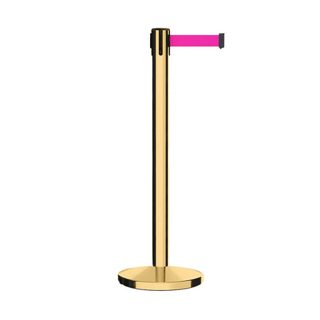 Retractable Belt Barrier Stanchion, Polished Brass Post, Cast Iron Base, 7.5 - 13 Ft. Belt - Montour Line MI630 - Crowd Control Warehouse