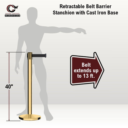 Retractable Belt Barrier Stanchion, Polished Brass Post, Cast Iron Base, 7.5 - 13 Ft. Belt - Montour Line MI630 - Crowd Control Warehouse