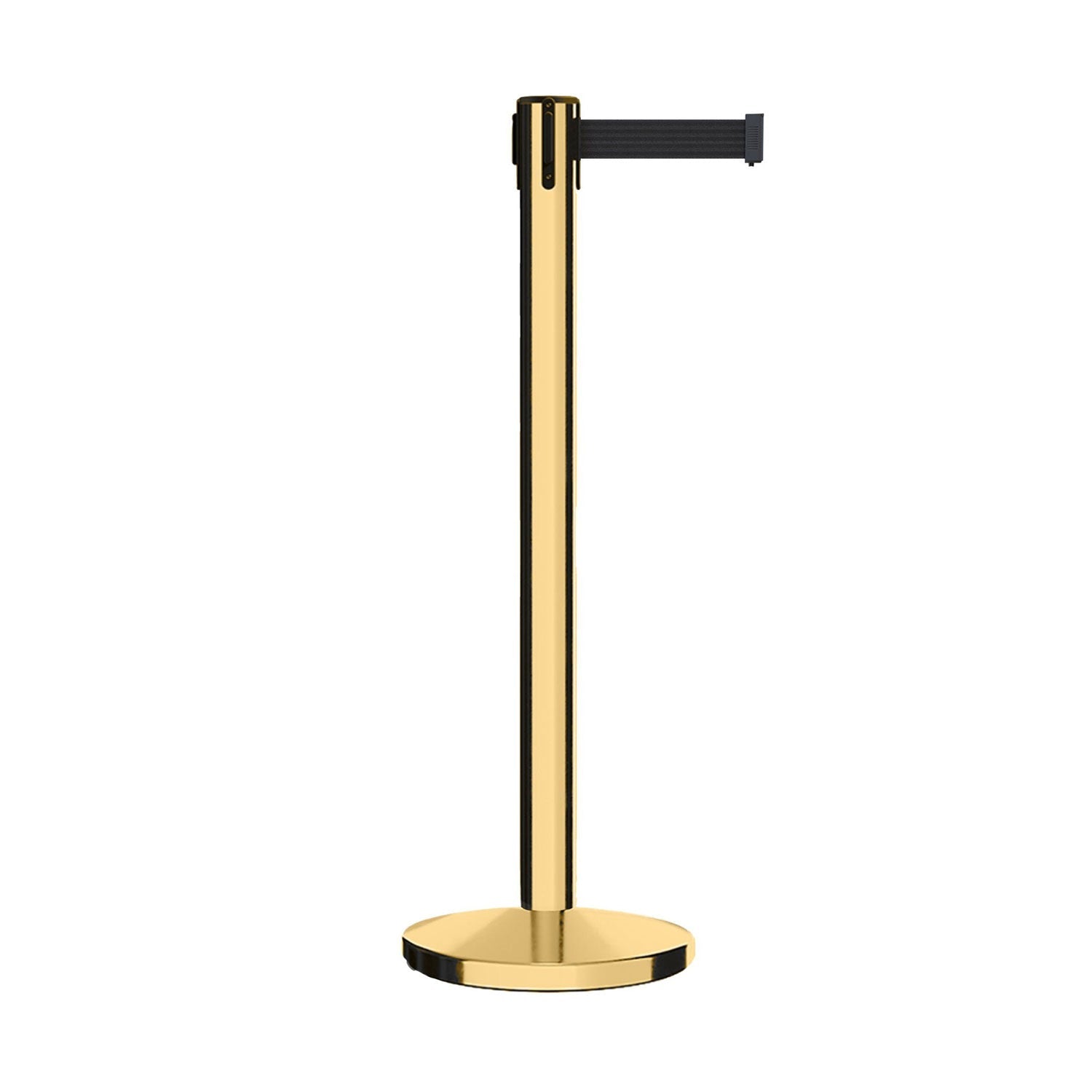 Retractable Belt Barrier Stanchion, Polished Brass Post, Cast Iron Base, 7.5 - 13 Ft. Belt - Montour Line MI630 - Crowd Control Warehouse