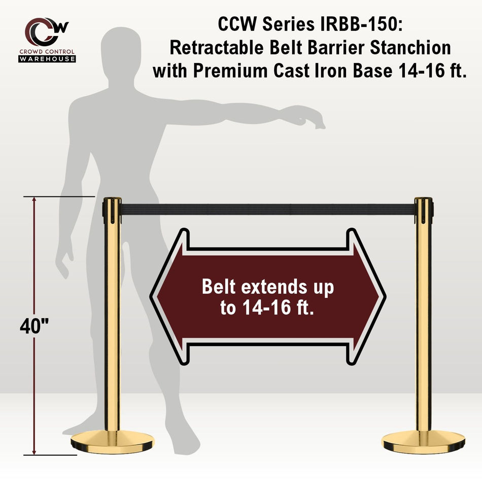 Retractable Belt Barrier Stanchion, Polished Brass Post with Heavy - Duty Cast - Iron Base, 14 - 16 Ft. Belt – Montour Line MI650 - Crowd Control Warehouse