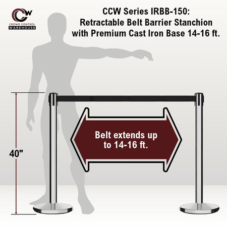 Retractable Belt Barrier Stanchion, Polished Stainless Steel Post with Heavy Duty Cast Iron Base, 14 - 16 Ft. Belt – Montour Line MI650 - Crowd Control Warehouse