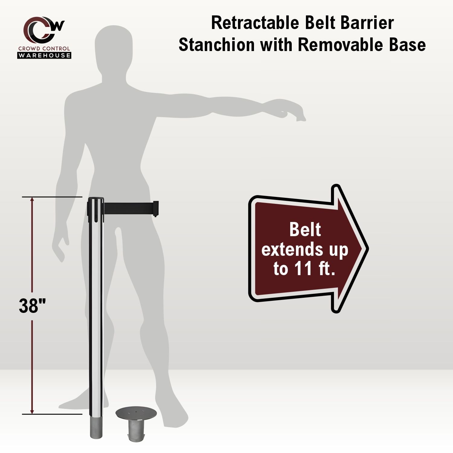 Retractable Belt Barrier Stanchion, Removable Base, Polished Stainless Steel Post, 11 Ft. Belt - Montour Line MX630R - Crowd Control Warehouse