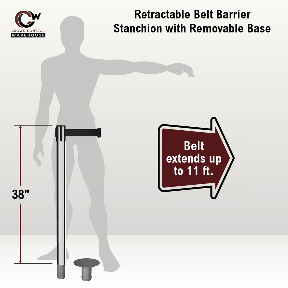 Retractable Belt Barrier Stanchion, Removable Base, Polished Stainless Steel Post, 11 Ft. Belt - Montour Line MX630R - Crowd Control Warehouse