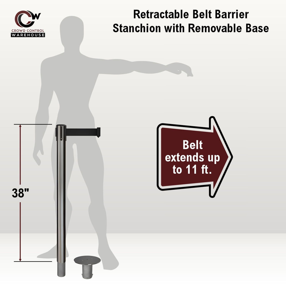 Retractable Belt Barrier Stanchion, Removable Base, Satin Stainless Steel Post, 11 Ft. Belt - Montour Line MX630R - Crowd Control Warehouse