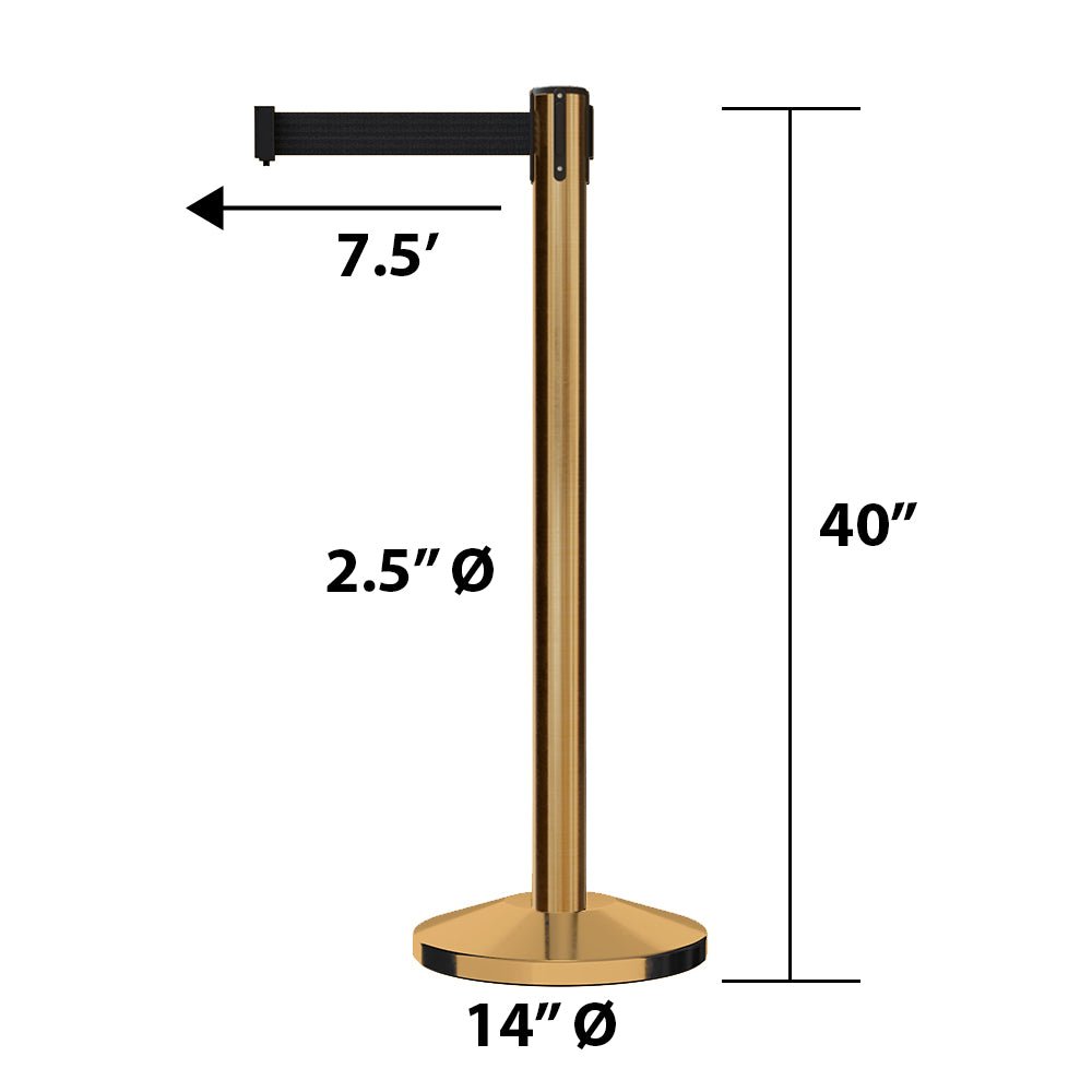 Retractable Belt Barrier Stanchion, Satin Brass Post, 7.5 - 12 Ft. Belt - CCW Series RBB - 100 - Crowd Control Warehouse