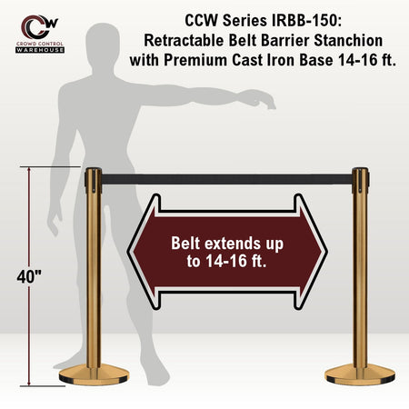 Retractable Belt Barrier Stanchion, Satin Brass Post and Heavy Duty Cast Iron Base, 14 - 16 Ft. Belt – Montour Line MI650 - Crowd Control Warehouse