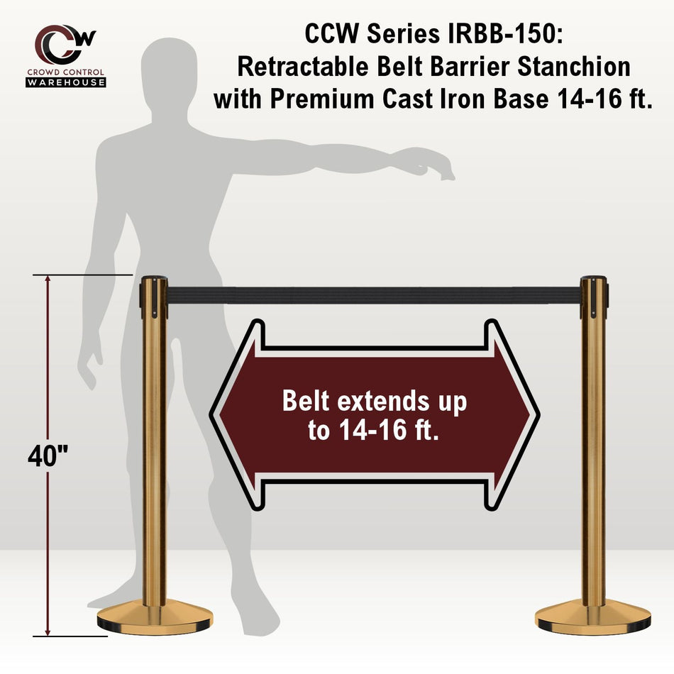 Retractable Belt Barrier Stanchion, Satin Brass Post and Heavy Duty Cast Iron Base, 14 - 16 Ft. Belt – Montour Line MI650 - Crowd Control Warehouse