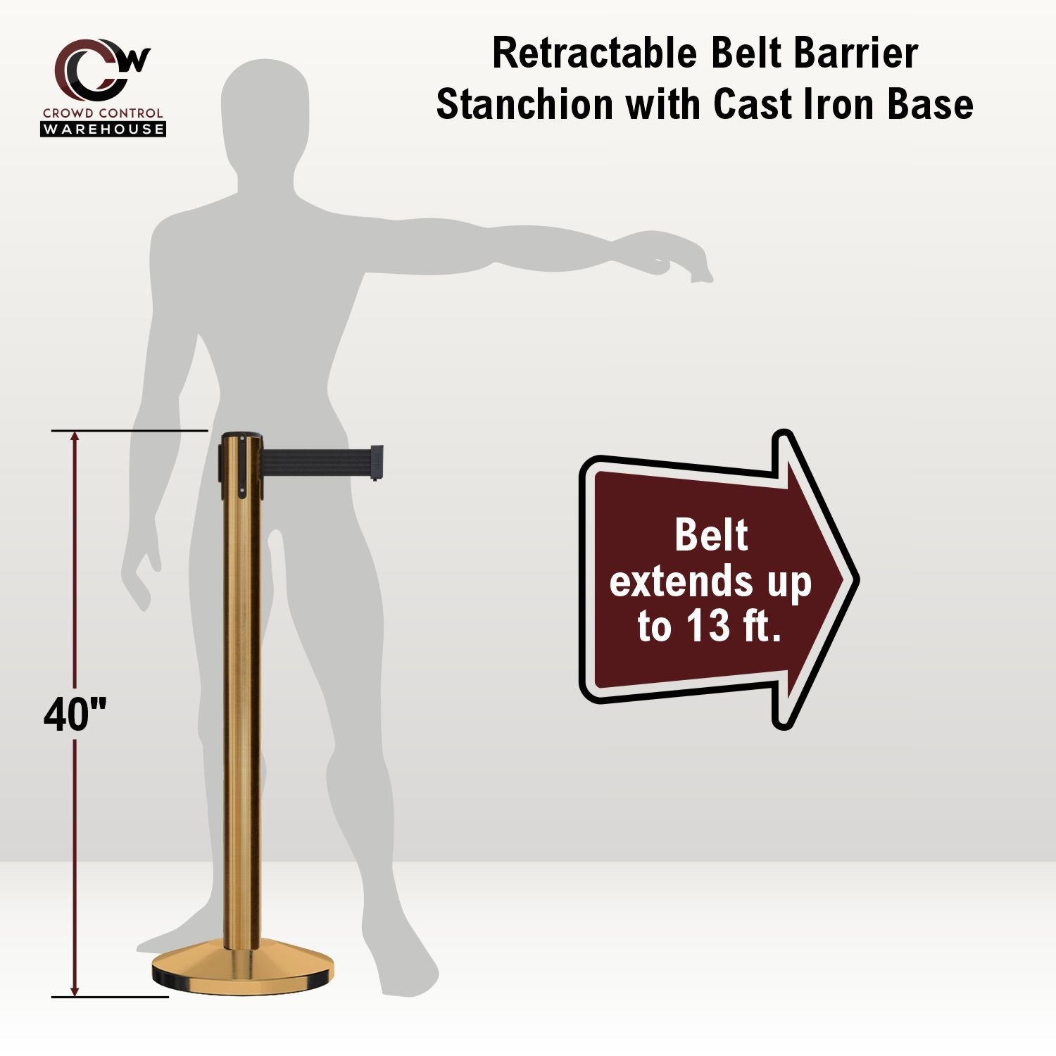 Retractable Belt Barrier Stanchion, Satin Brass Post, Cast Iron Base, 7.5 - 13 Ft. Belt - Montour Line MI630 - Crowd Control Warehouse